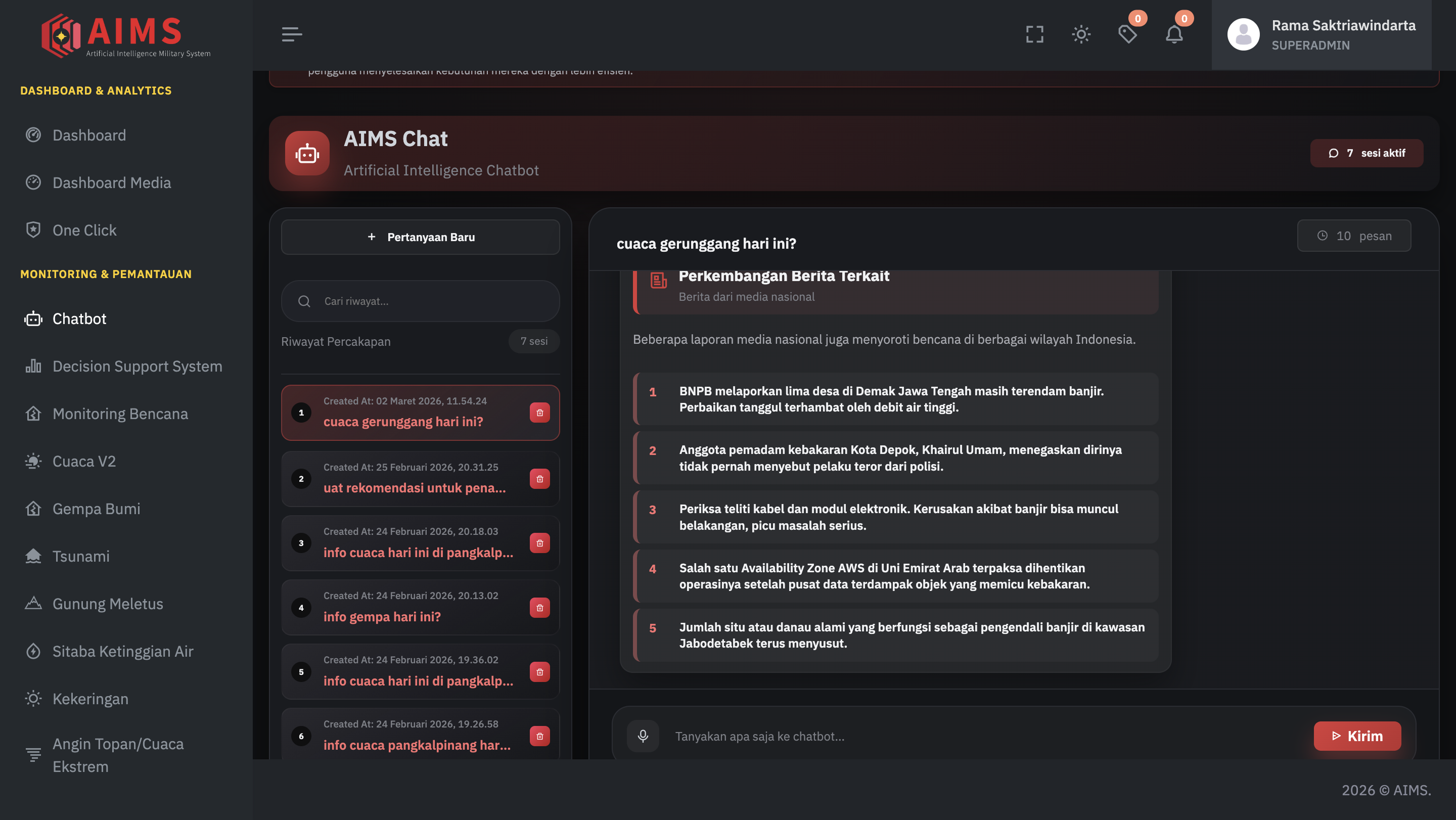 AIMS AI Chatbot interface with conversation history and disaster news responses